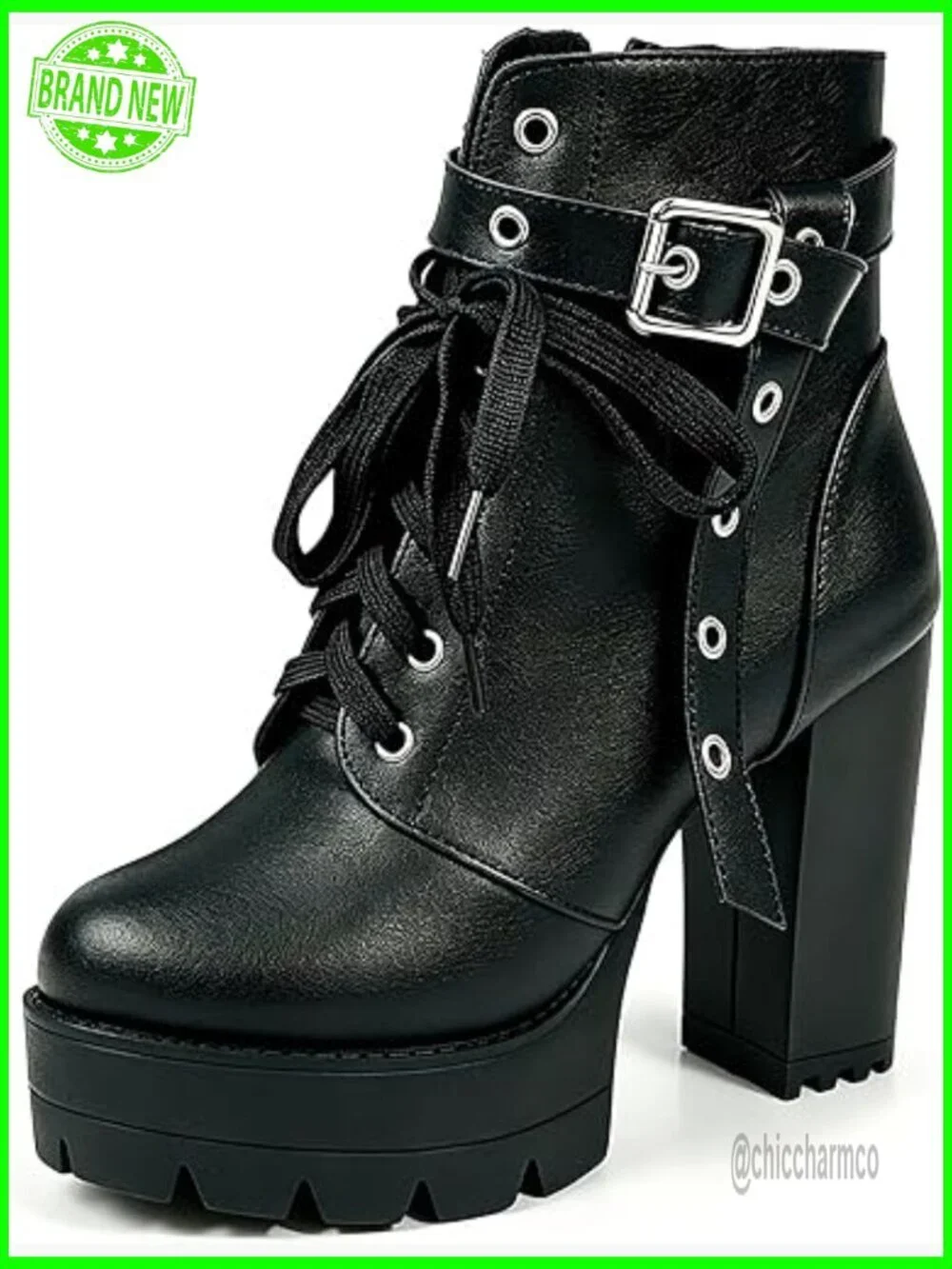 Black High Heel Platform Ankle Boots Chunky Heeled Lace Up Goth Shoes